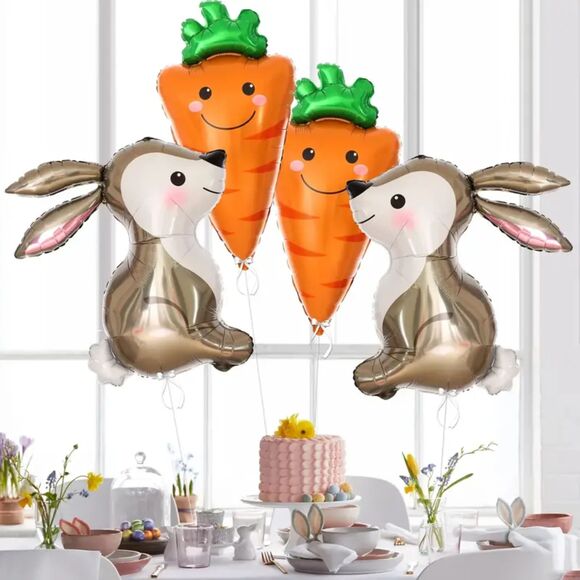 2 Easter Bunny Rabbit & 2 Carrot Foil Balloon Spring Decorations Birthday Party - Picture 1 of 3